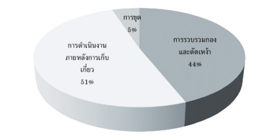 สรุปเวลาที่ต้องการในแต่ละขั้นตอนการเก็บเกี่ยวมันสำปะหลัง